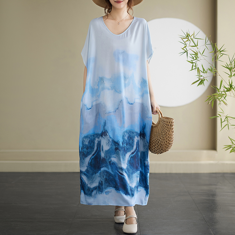 Short sleeve big Casual beach dress printing art robe