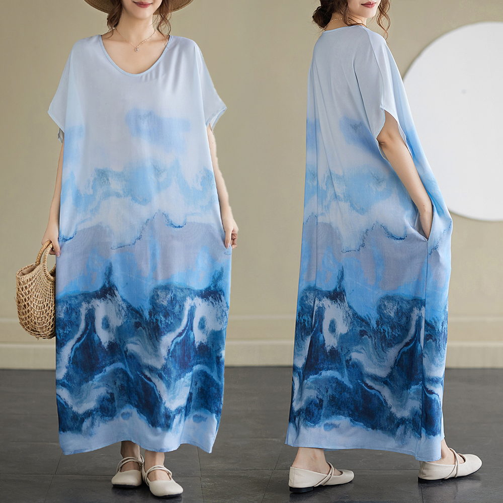 Short sleeve big Casual beach dress printing art robe