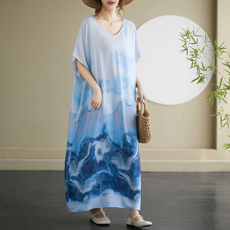 Short sleeve big Casual beach dress printing art robe