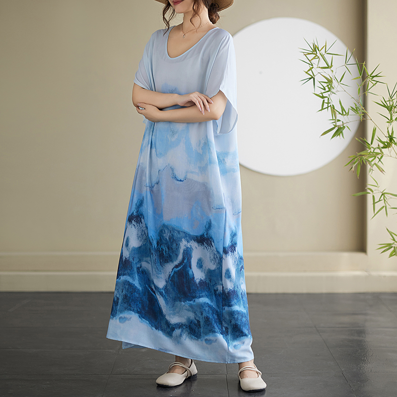 Short sleeve big Casual beach dress printing art robe