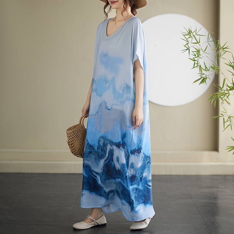 Short sleeve big Casual beach dress printing art robe