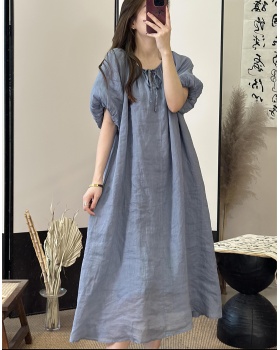 Round neck summer puff sleeve frenum loose lined dress