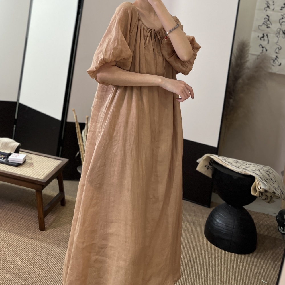 Round neck summer puff sleeve frenum loose lined dress