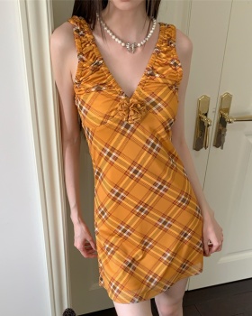 Slim maiden gauze rose plaid dress