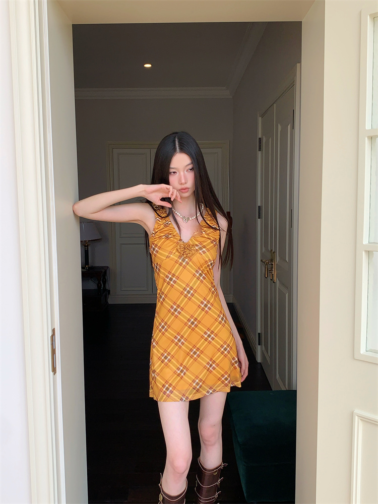Slim maiden gauze rose plaid dress