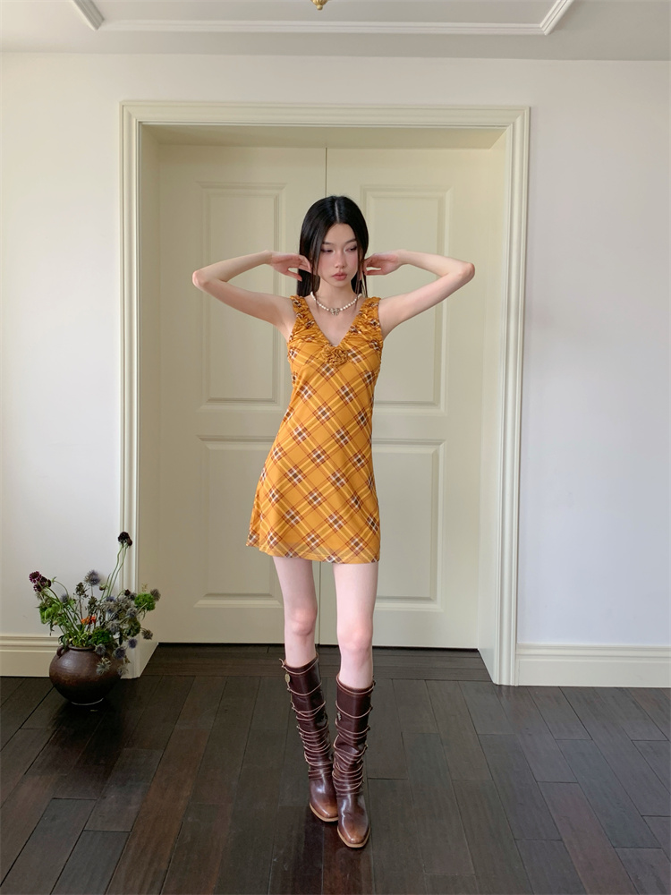 Slim maiden gauze rose plaid dress