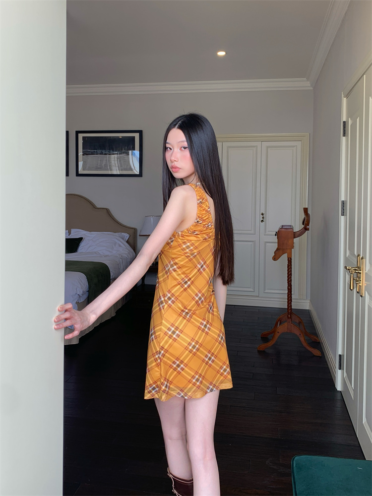 Slim maiden gauze rose plaid dress