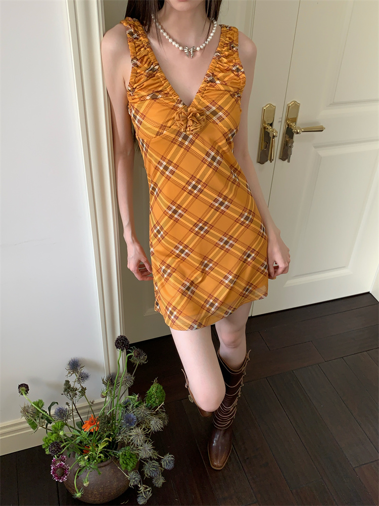 Slim maiden gauze rose plaid dress