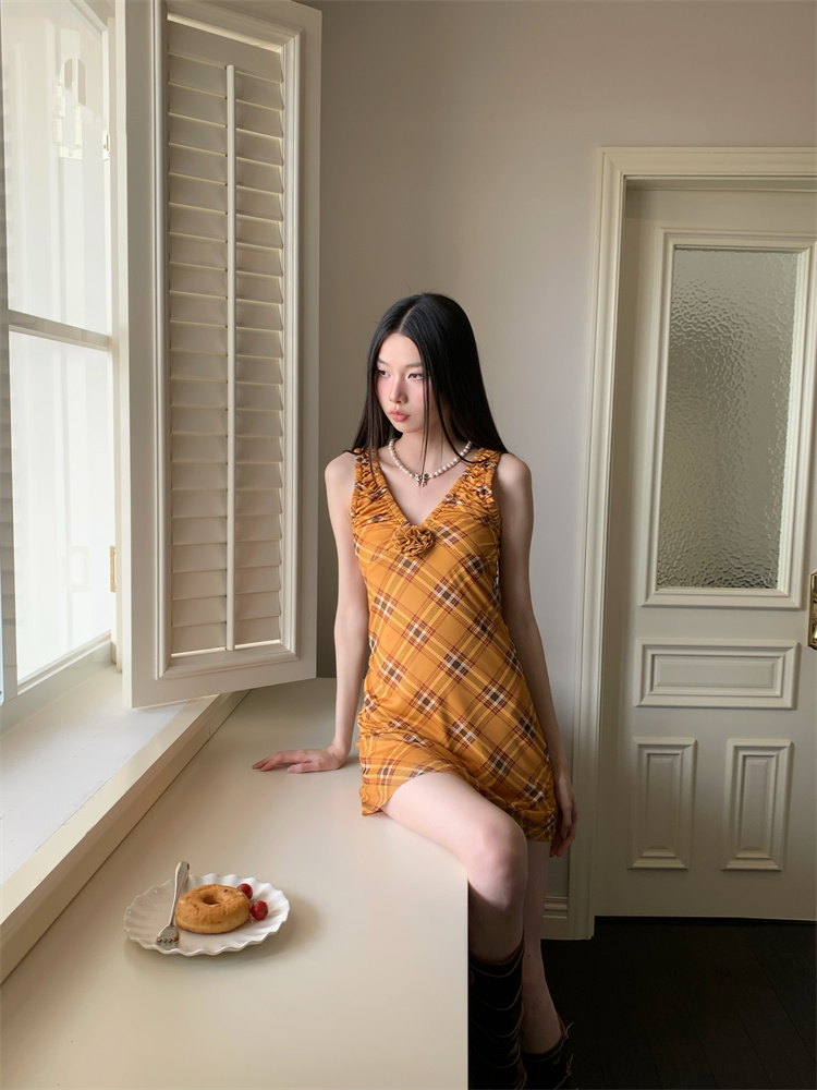 Slim maiden gauze rose plaid dress