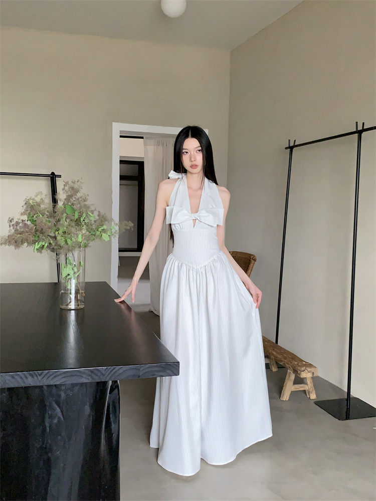 Sleeveless V-neck dress bow long dress