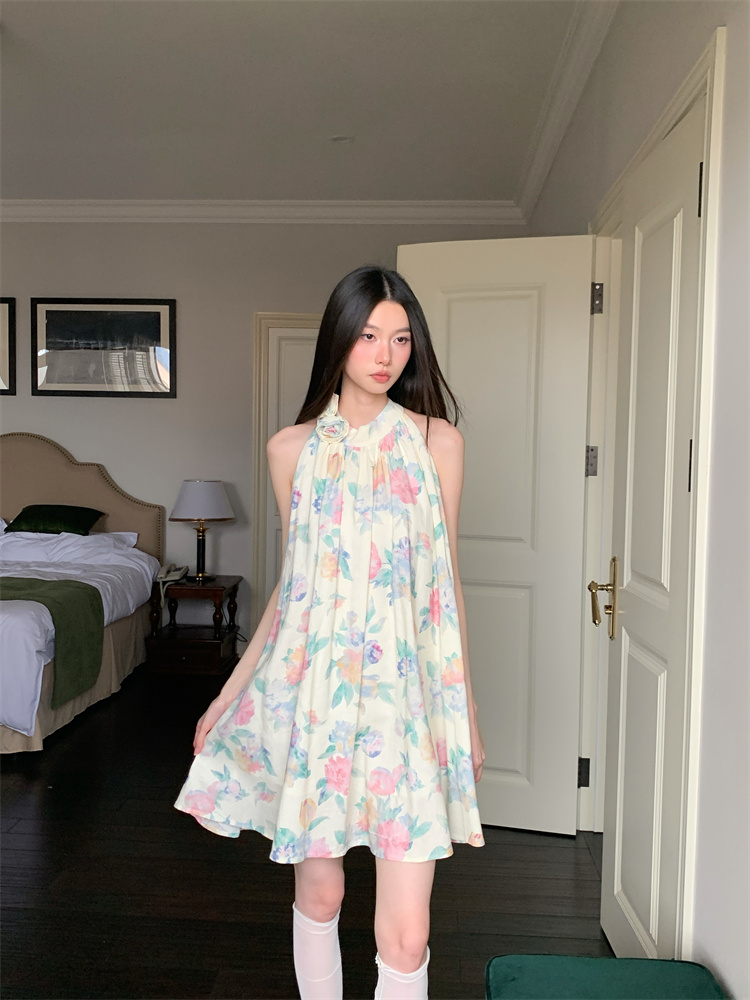 Blooming vacation stereoscopic halter colors summer dress