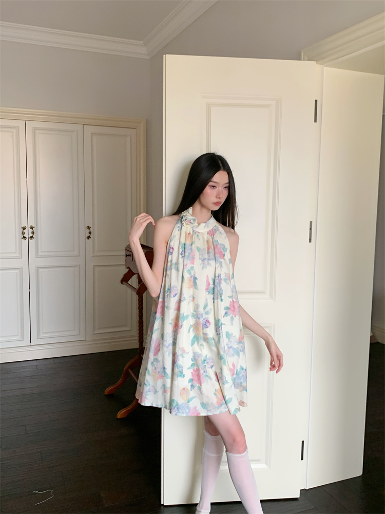 Blooming vacation stereoscopic halter colors summer dress