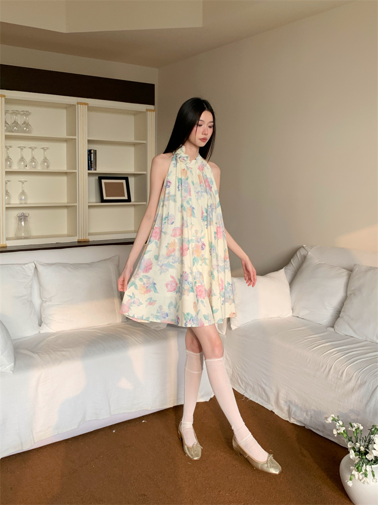 Blooming vacation stereoscopic halter colors summer dress