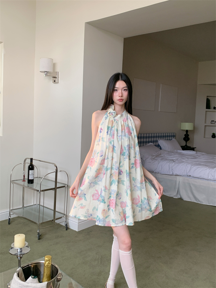 Blooming vacation stereoscopic halter colors summer dress