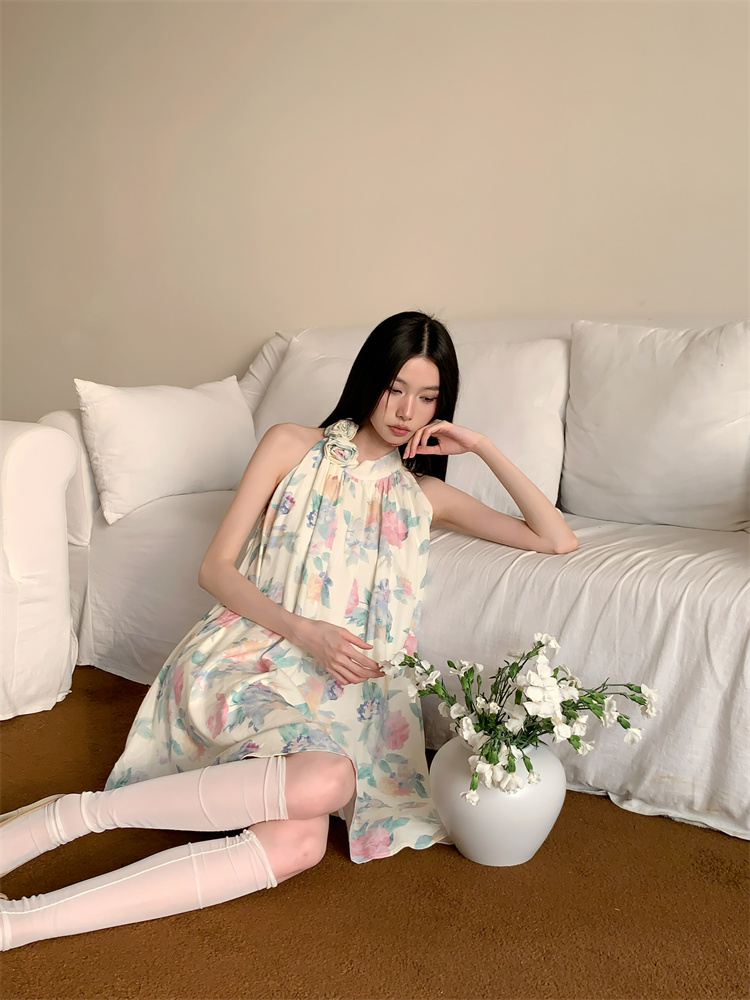 Blooming vacation stereoscopic halter colors summer dress