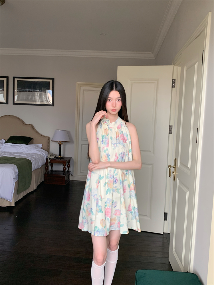 Blooming vacation stereoscopic halter colors summer dress