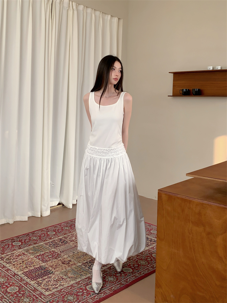 Balloon waistband stereoscopic pinch pleated bud dress
