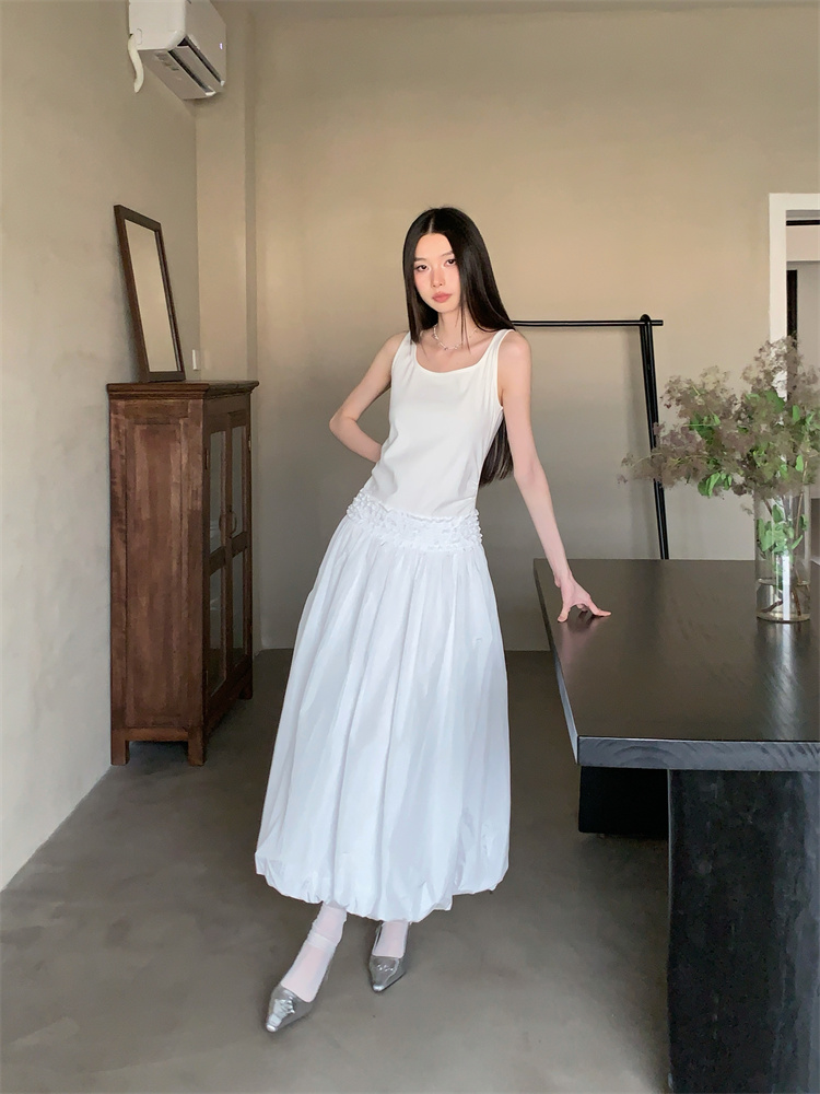 Balloon waistband stereoscopic pinch pleated bud dress