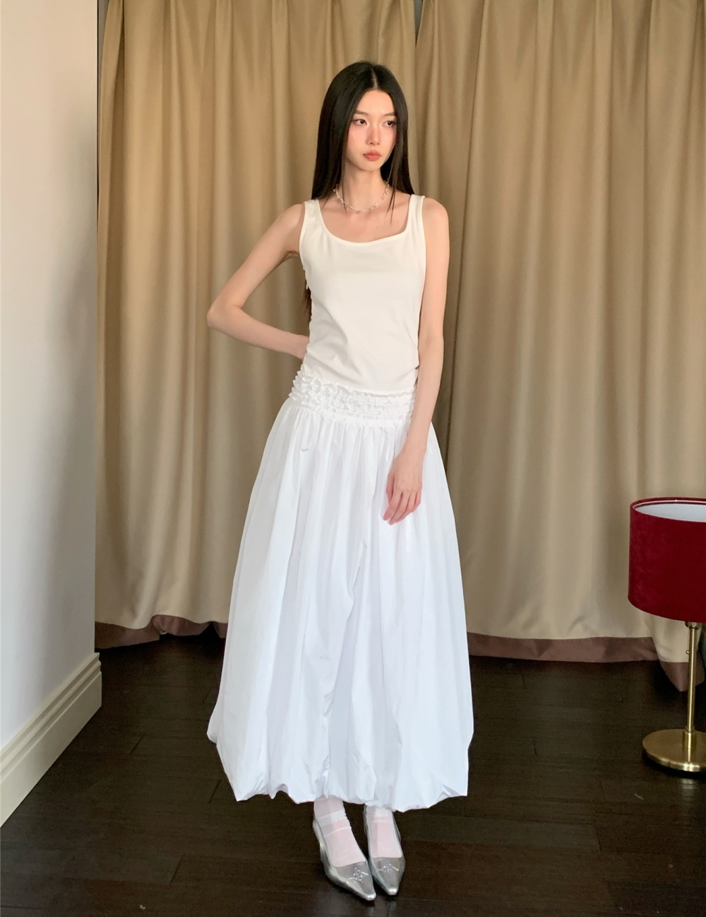 Balloon waistband stereoscopic pinch pleated bud dress