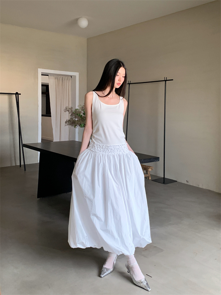 Balloon waistband stereoscopic pinch pleated bud dress