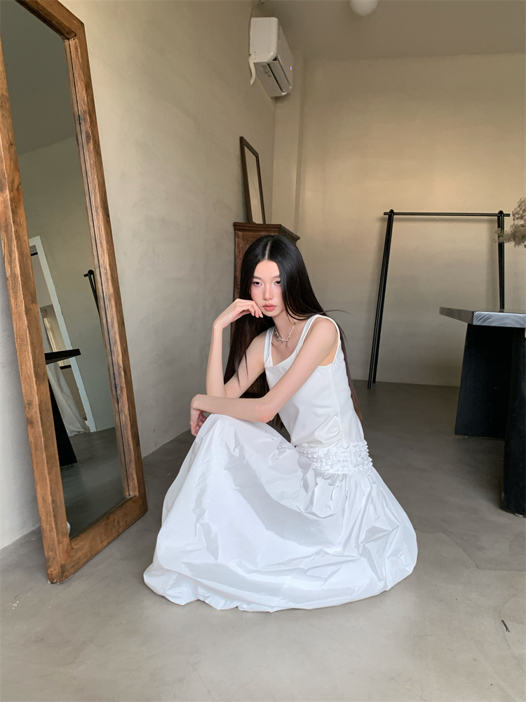 Balloon waistband stereoscopic pinch pleated bud dress