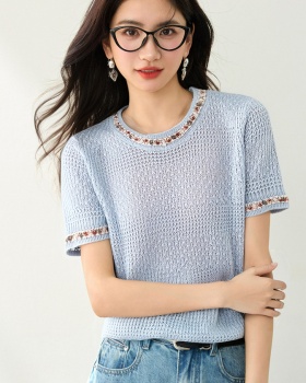 Short sleeve temperament tops beading sweater for women