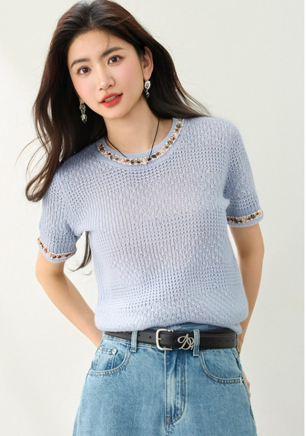 Short sleeve temperament tops beading sweater for women
