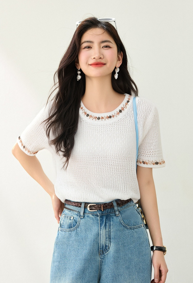 Short sleeve temperament tops beading sweater for women