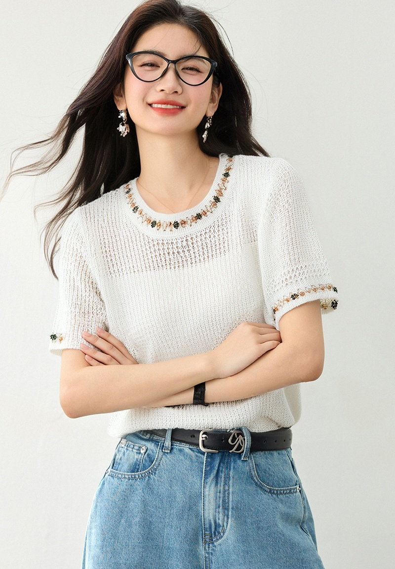 Short sleeve temperament tops beading sweater for women