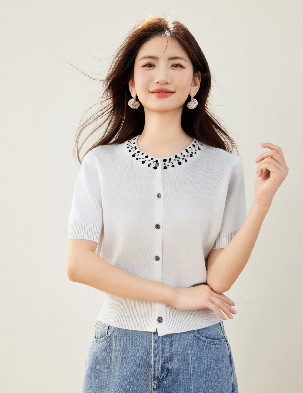 Chanelstyle beading tops knitted cardigan for women