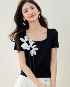 Flowers short sleeve all-match sweater cozy short niche tops