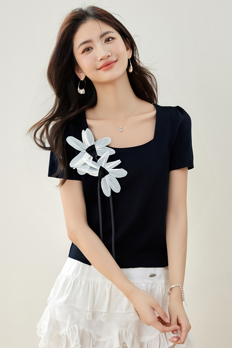 Flowers short sleeve all-match sweater cozy short niche tops