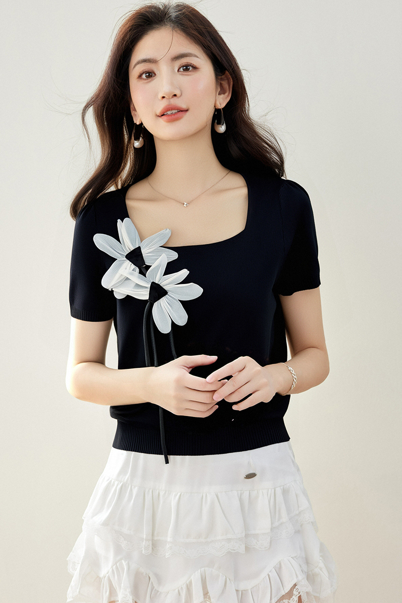 Flowers short sleeve all-match sweater cozy short niche tops
