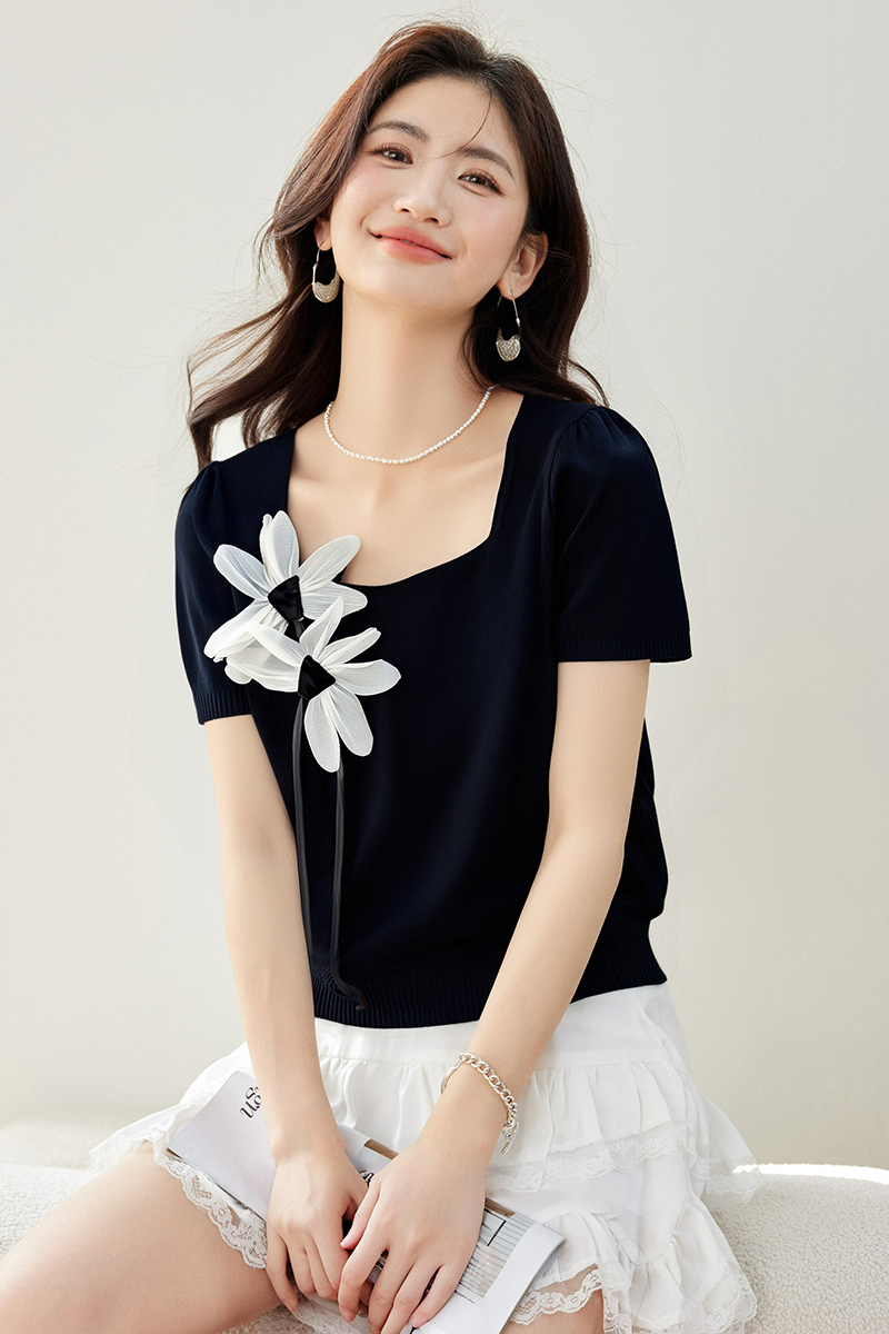 Flowers short sleeve all-match sweater cozy short niche tops
