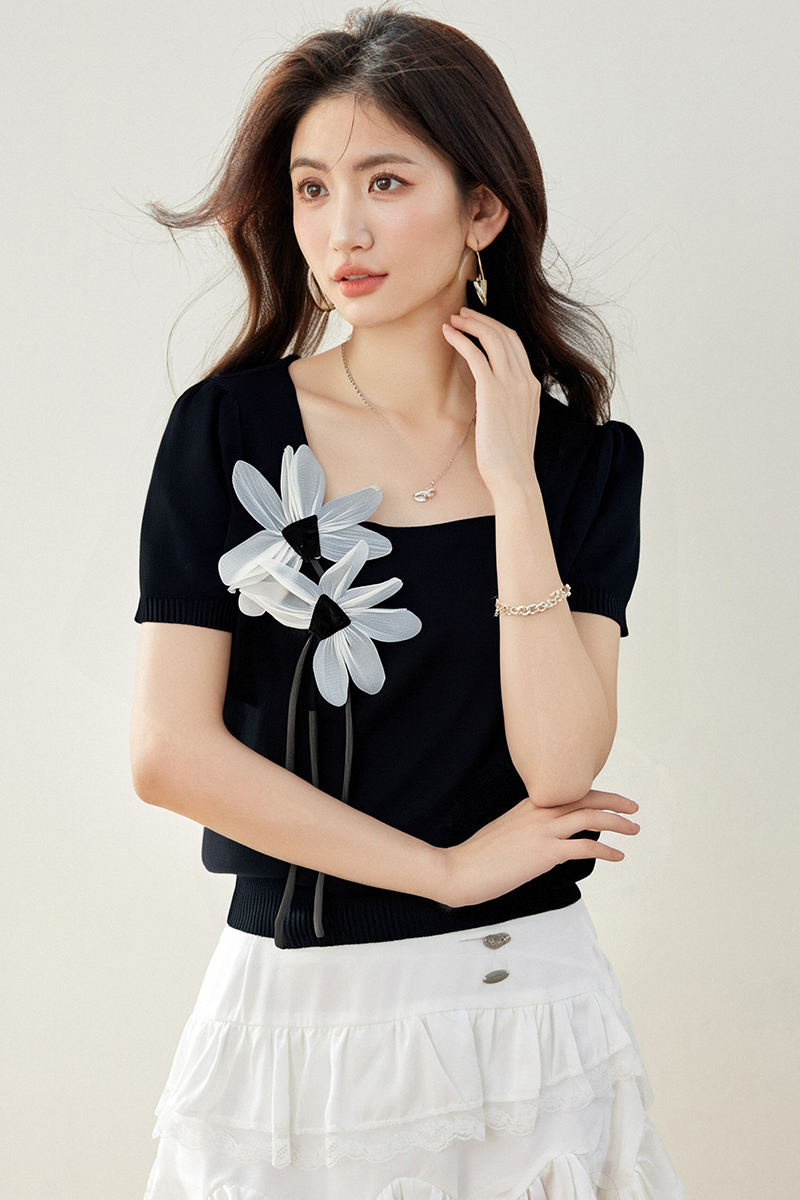 Flowers short sleeve all-match sweater cozy short niche tops