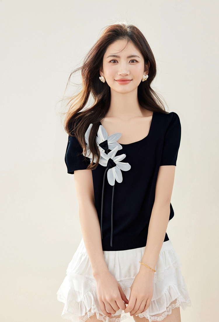 Flowers short sleeve all-match sweater cozy short niche tops