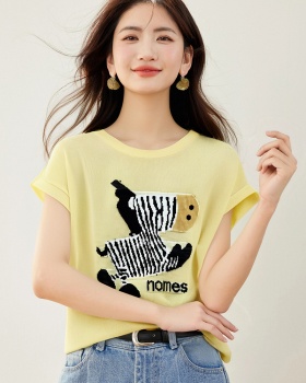 Slim round neck cartoon sweater jacquard summer tops for women