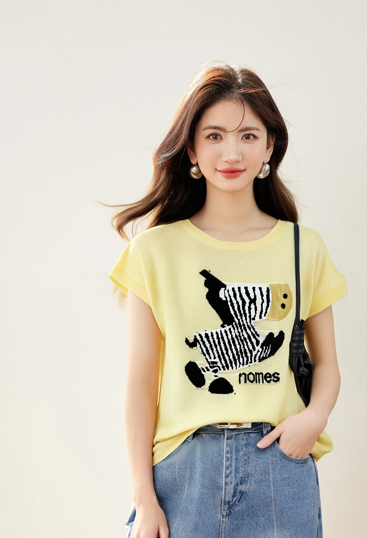 Slim round neck cartoon sweater jacquard summer tops for women