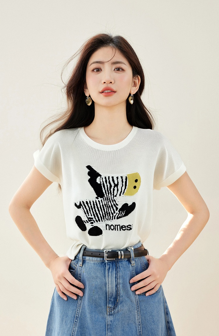 Slim round neck cartoon sweater jacquard summer tops for women