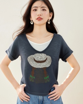 Pseudo-two V-neck tops all-match fashion T-shirt for women