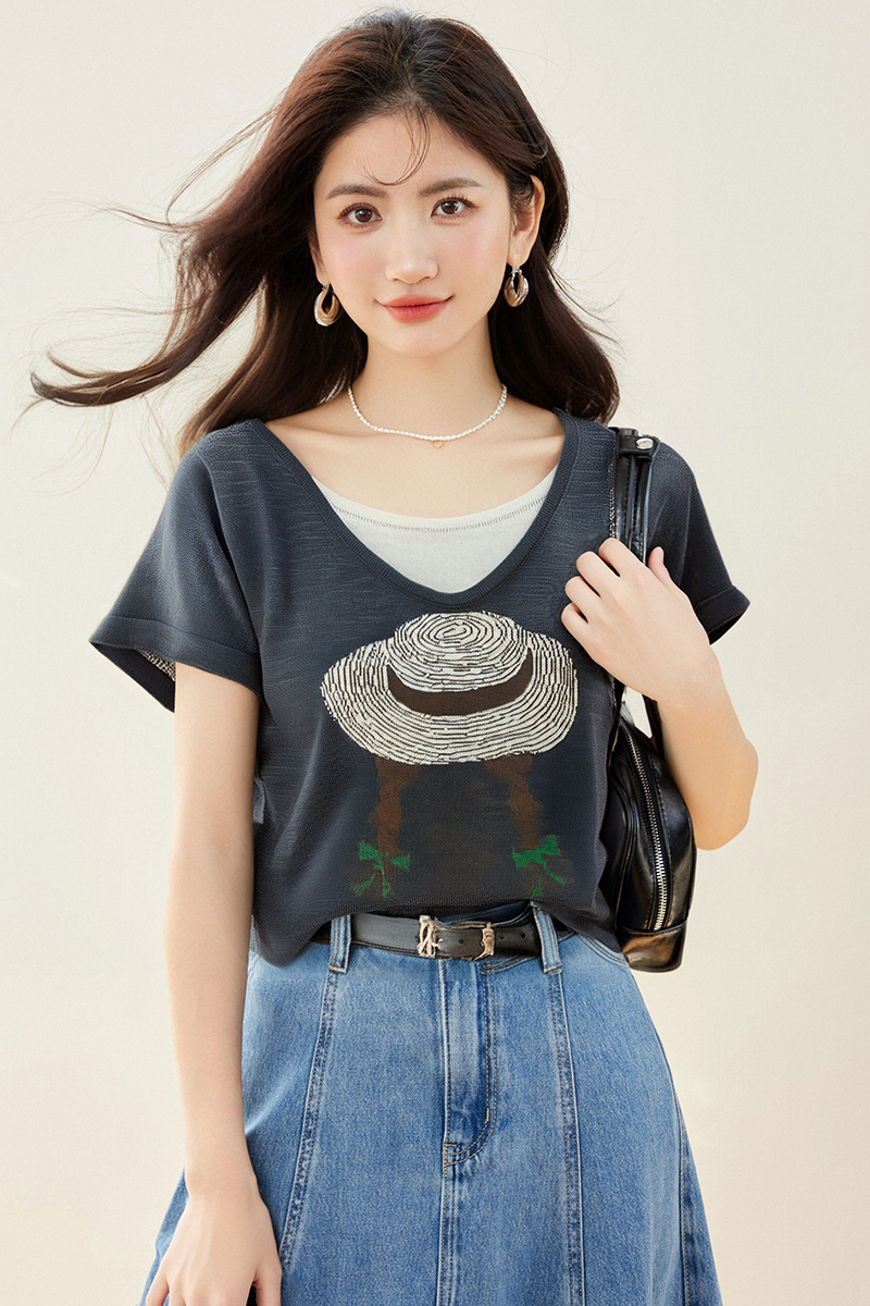 Pseudo-two V-neck tops all-match fashion T-shirt for women