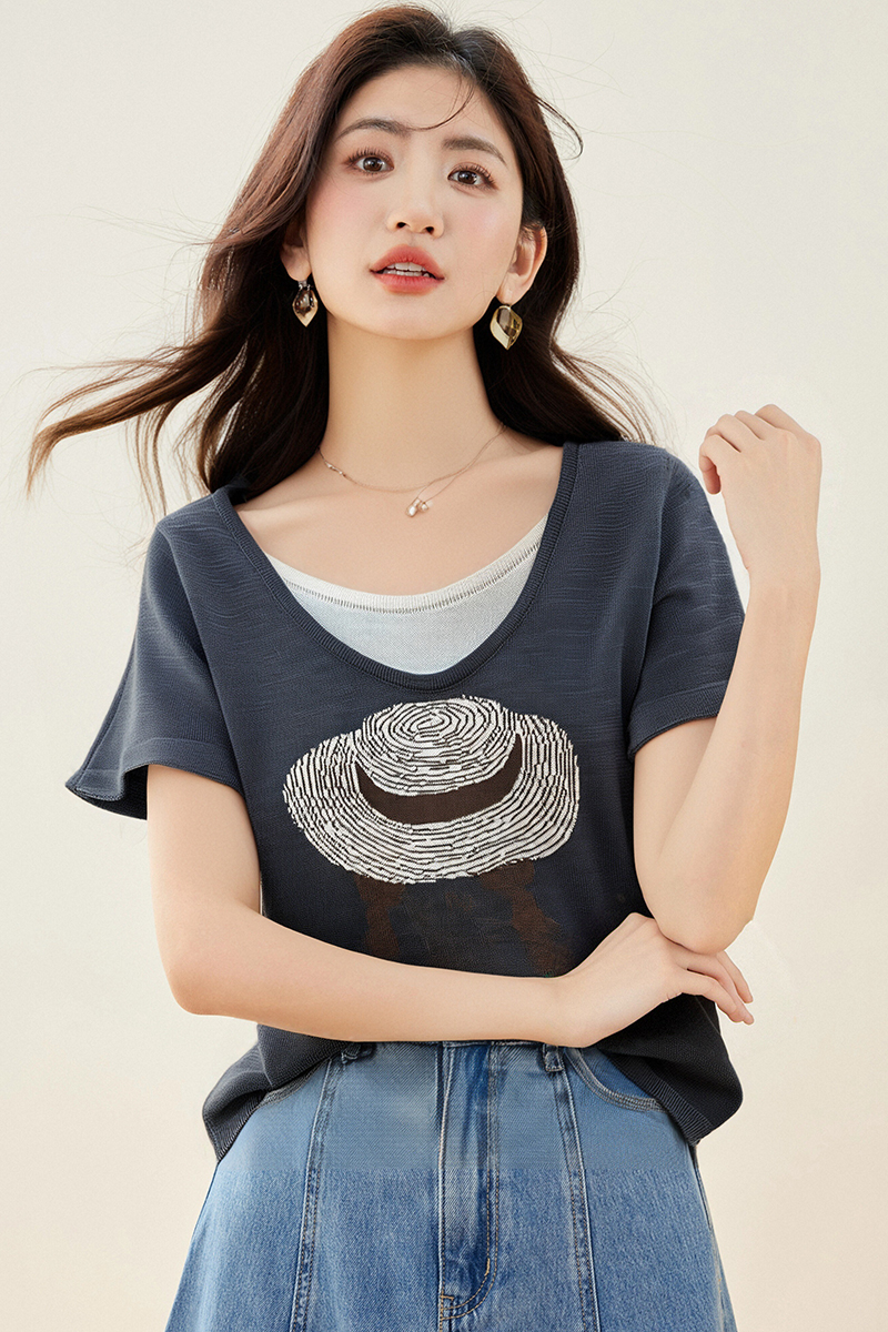 Pseudo-two V-neck tops all-match fashion T-shirt for women
