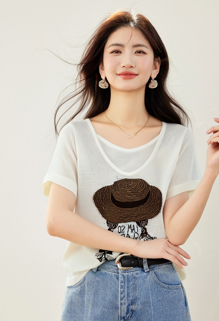 Pseudo-two V-neck tops all-match fashion T-shirt for women