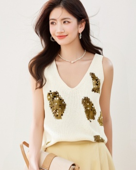 Loose V-neck sleeveless summer sequins hollow knitted vest