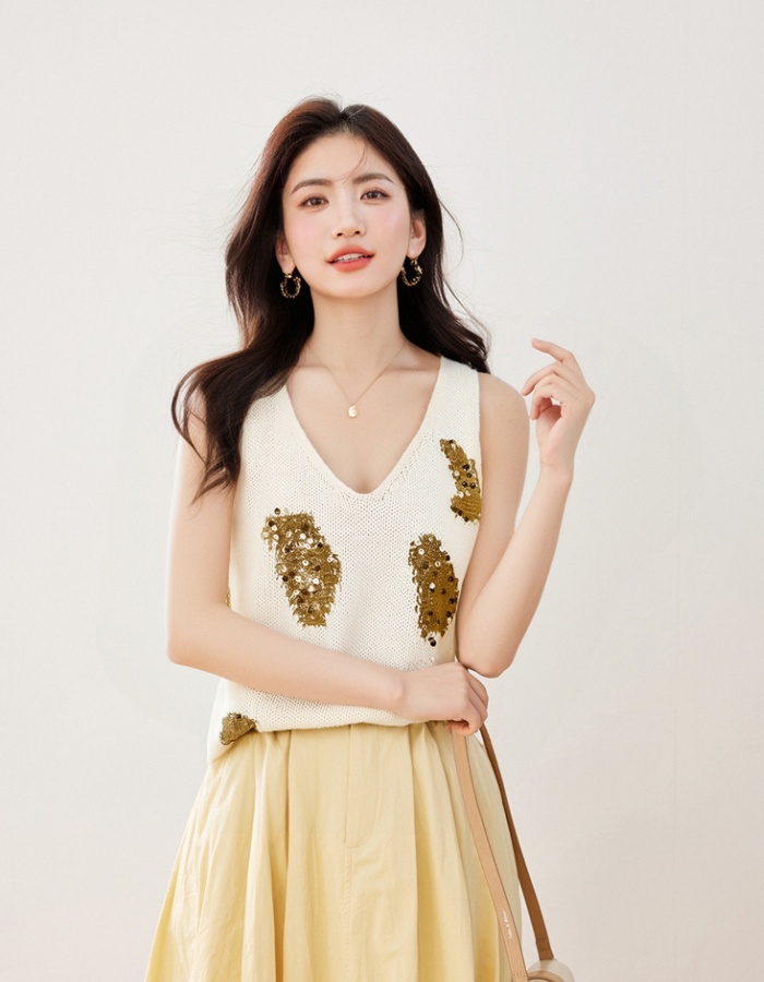 Loose V-neck sleeveless summer sequins hollow knitted vest