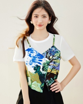 Pseudo-two summer T-shirt irregular tops for women