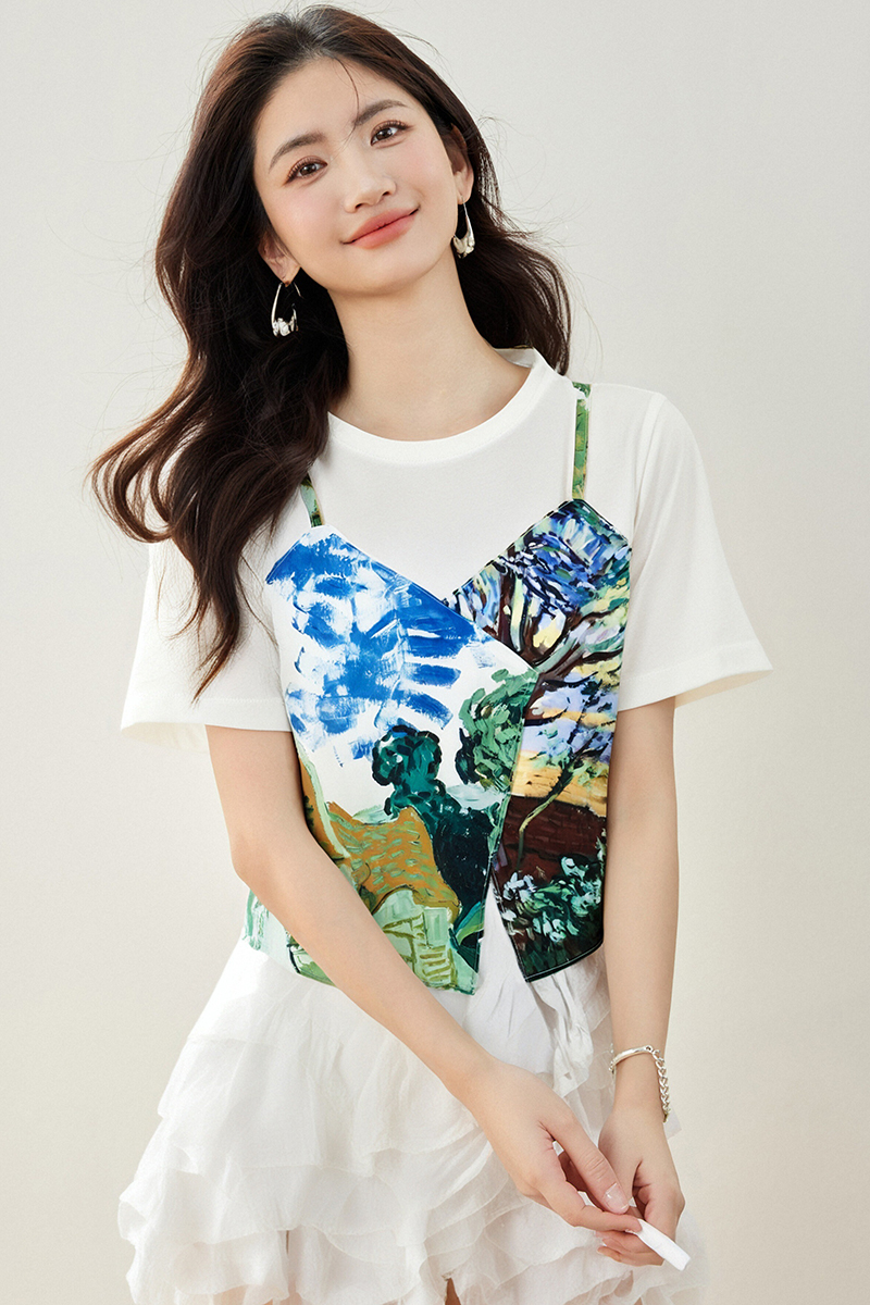 Pseudo-two summer T-shirt irregular tops for women