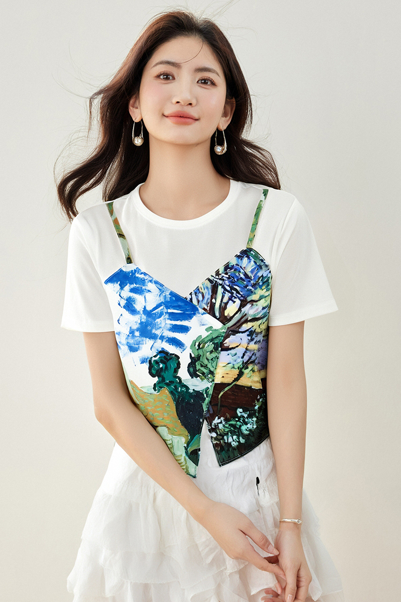 Pseudo-two summer T-shirt irregular tops for women