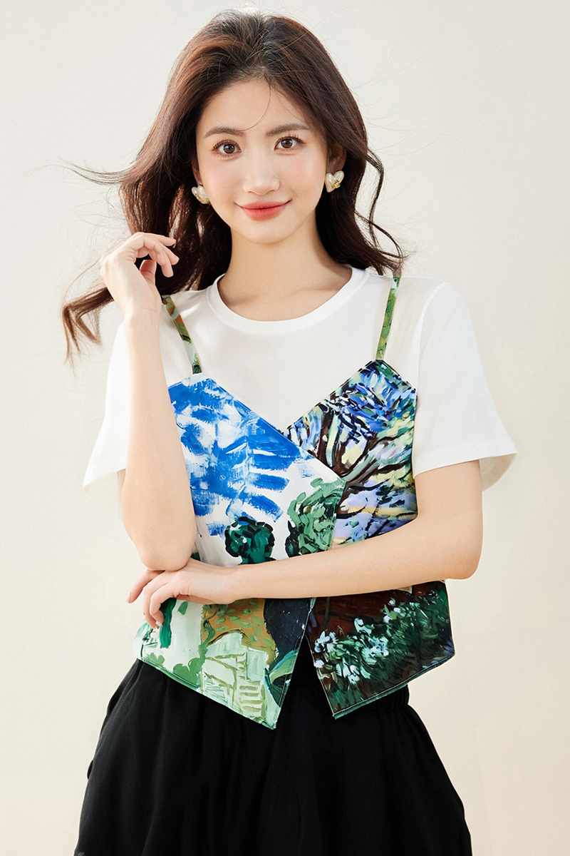 Pseudo-two summer T-shirt irregular tops for women