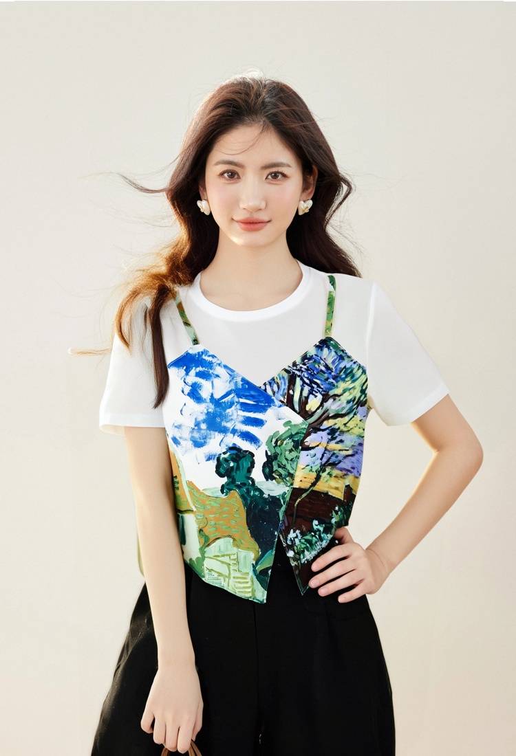 Pseudo-two summer T-shirt irregular tops for women